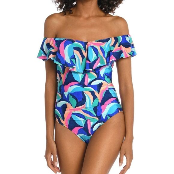 La Blanca Painted Leaves Off Shoulder Ruffle One Piece - Picture 1 of 3
